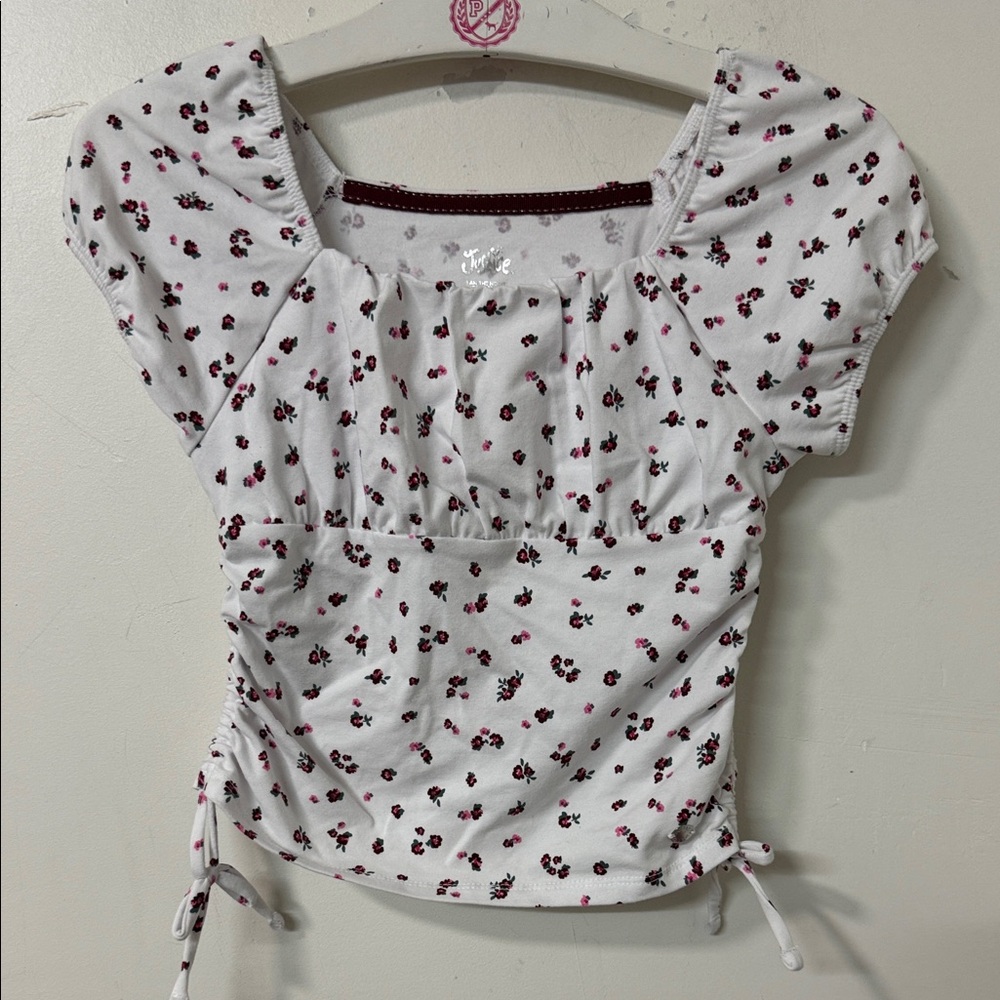 Justice White Crop Top with Pink & Burgundy Floral Print